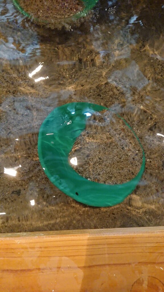 佐渡西三川ゴールドパークの砂金採りの様子、緑色のパンディング皿